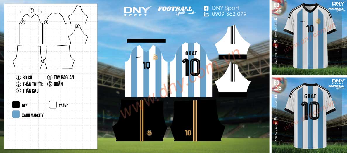 Bộ đồ đá banh sọc xanh trắng phong cách Argentina in số 10 GOAT
