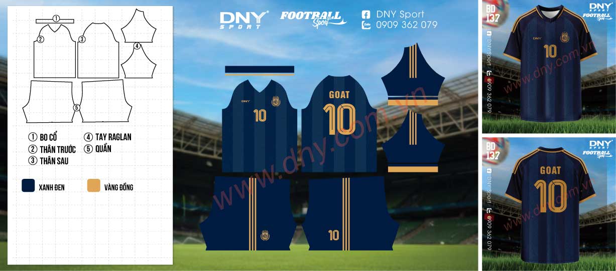 Bộ quần áo bóng đá màu xanh navy phối họa tiết viền và số màu vàng gold