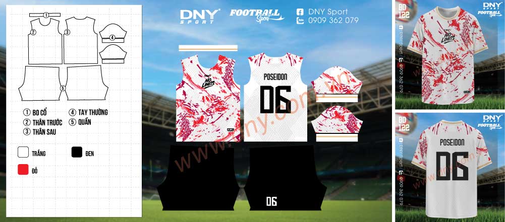 Áo bóng đá Poseidon Áo đá banh trắng đỏ cá tính