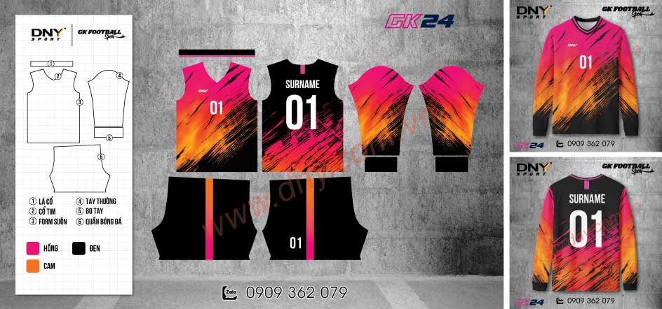 Bộ quần áo thủ môn phối màu gradient hồng cam cùng họa tiết vệt xước chéo