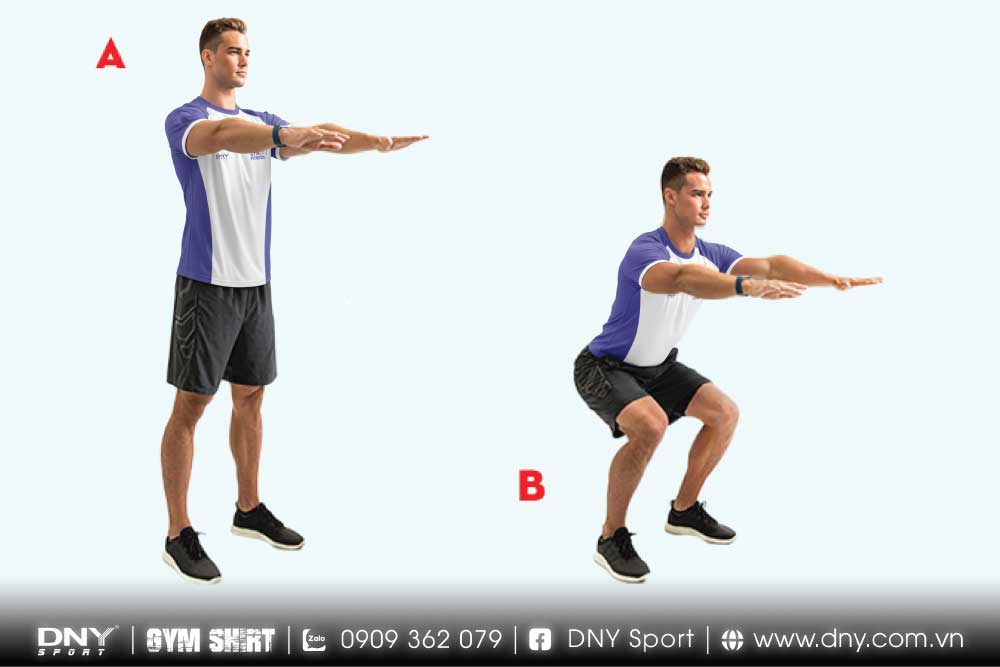 Hình minh họa tư thế squat đúng: lưng thẳng, hông đẩy ra sau và đầu gối không vượt mũi chân.