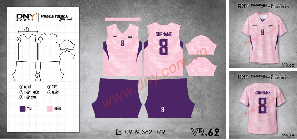 Quần áo bóng chuyền màu hồng phấn viền lườn tím, in số 8 và chữ Surname